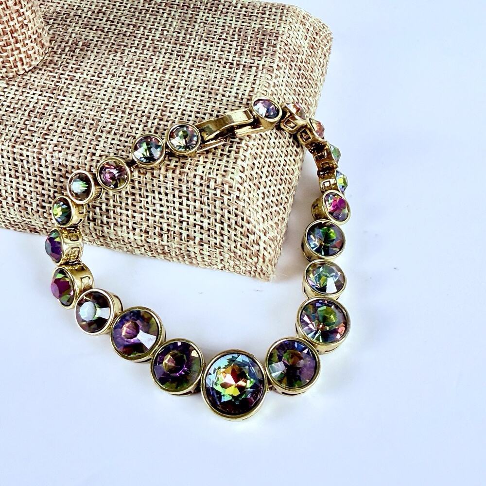 Heidi Daus AB Crystal Tennis Bracelet Gold Tone Rainbow Color Round Crystals 7”
